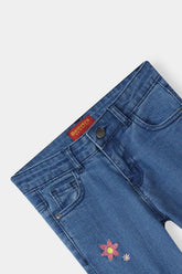 Girls Light Blue Flare Flower Embroidered Pant